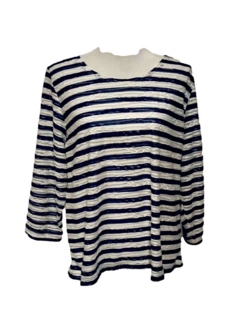 Cathy Daniels Blue White Striped Sheer Tulle Detail Scoop Neck Long Sleeve Top